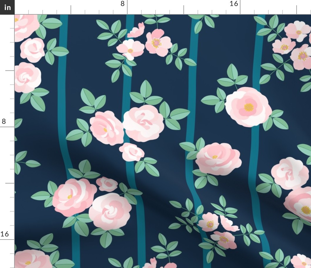 Chintz roses stripe soft pink navy by Pippa Shaw