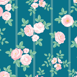 Chintz roses stripe soft pink teal by Pippa Shaw