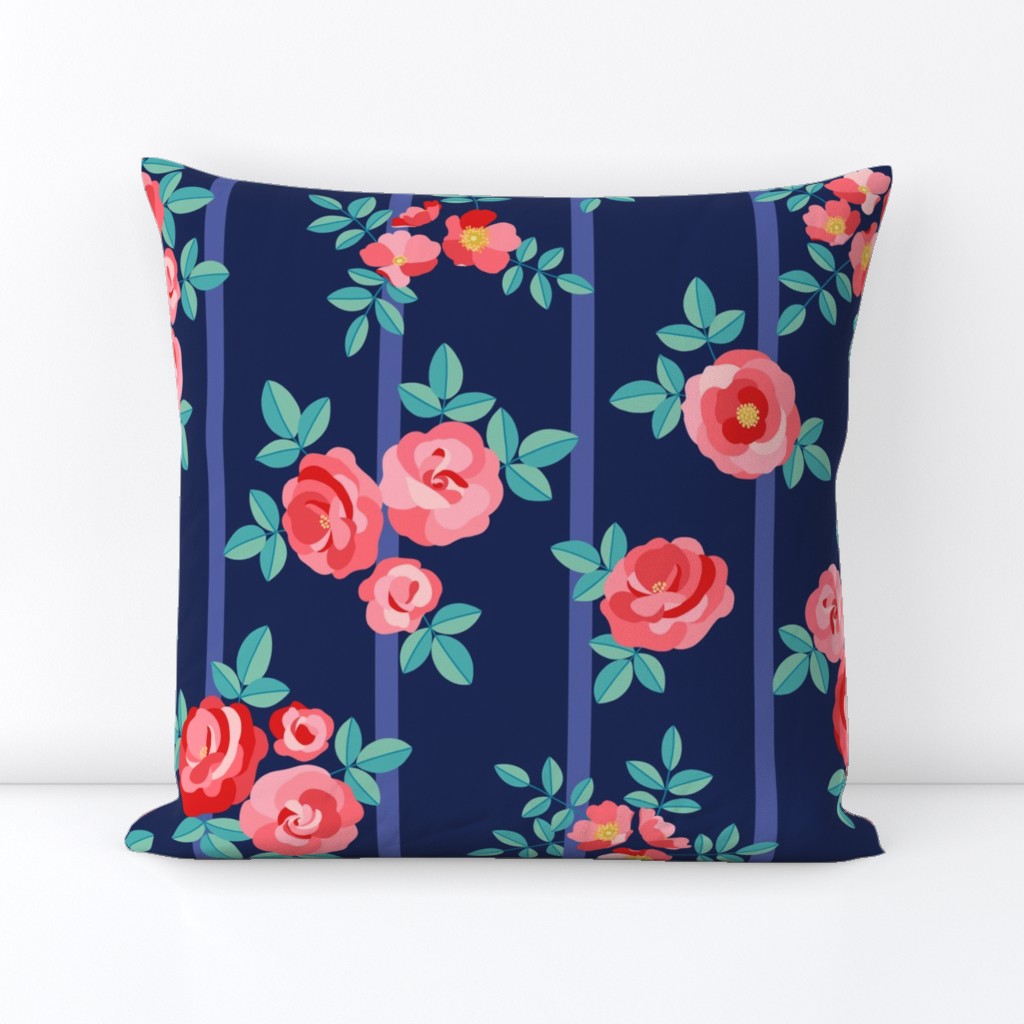 Chintz roses stripe red navy by Pippa Shaw