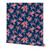Chintz roses stripe red navy by Pippa Shaw