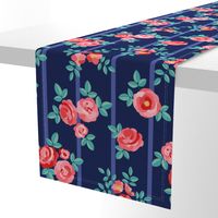 Chintz roses stripe red navy by Pippa Shaw