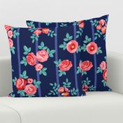 Chintz roses stripe red navy by Pippa Shaw