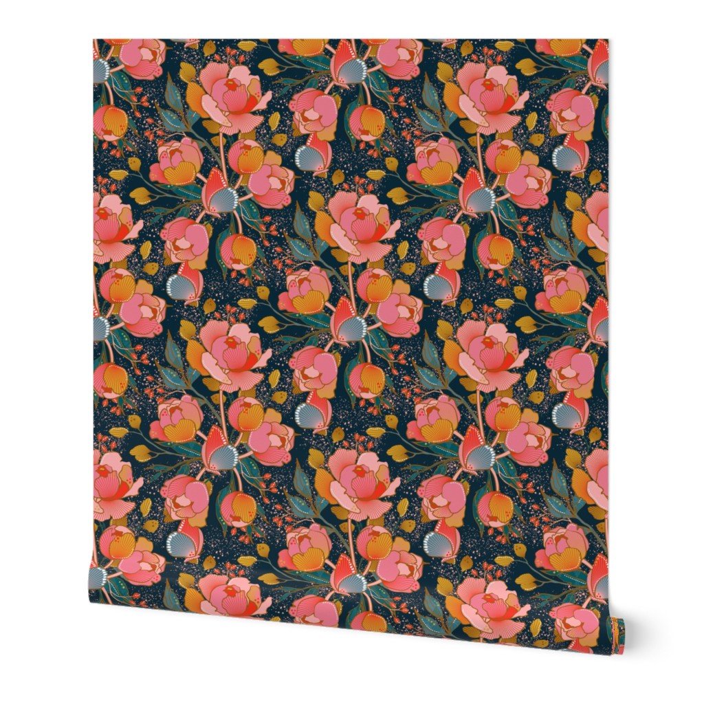 Magical peony Chintz / blue background / L