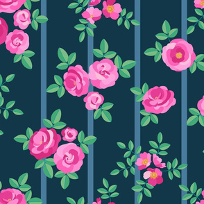 Chintz roses stripe pink navy by Pippa Shaw