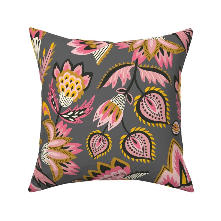 Indian Chintz Floral Pink Grey Mustard