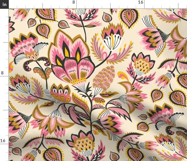 Antique English Jacobean Floral Paisley Chintz Fabric~Red Pink Green Yellow~
