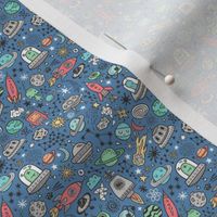 Space Galaxy Universe Doodle with Aliens, Rockets, Planets, Robots & Stars on Dark Blue Navy Tiny Small