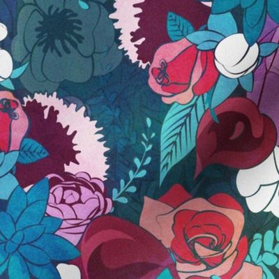 Normal scale // Chintz Floral Bouquets // teal background teal succulents red roses