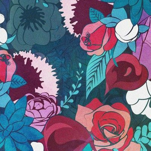 Normal scale // Chintz Floral Bouquets // teal background teal succulents red roses