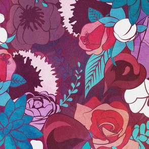 Normal scale // Chintz Floral Bouquets // purple beet background teal succulents red roses