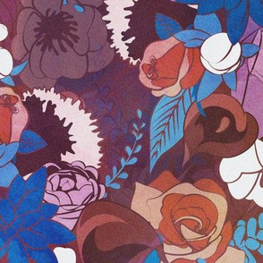 Normal scale // Chintz Floral Bouquets // purple beet background blue succulents orange roses