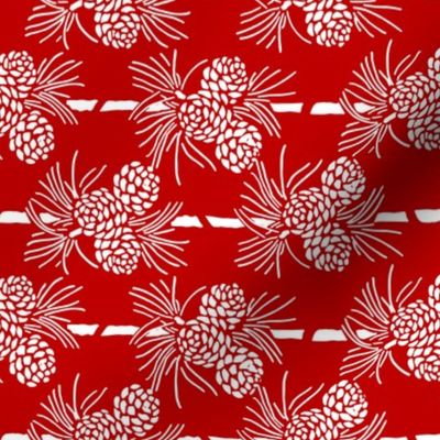 Christmas Tea Towels: Red & White Pine Cones 