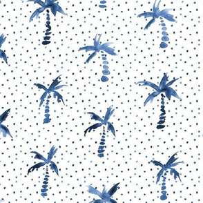 Indigo palms and dots • watercolor blue summer pattern
