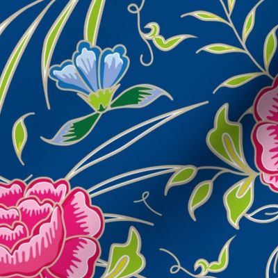 romantic exotic chintz roses blue