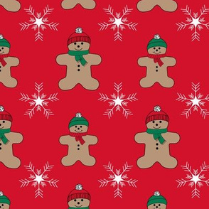 red gingerbread man in snow pattern