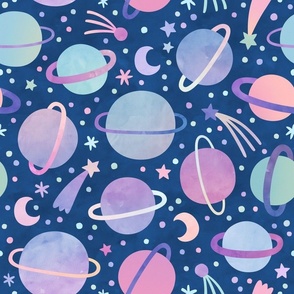 Watercolor Planets and Stars Wallpaper