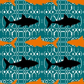 Swimming Black Sharks with White Teal and Orange
