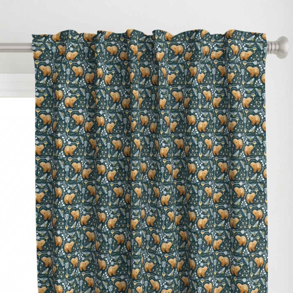 Cute Bear Cub and Bees - dark teal - small 