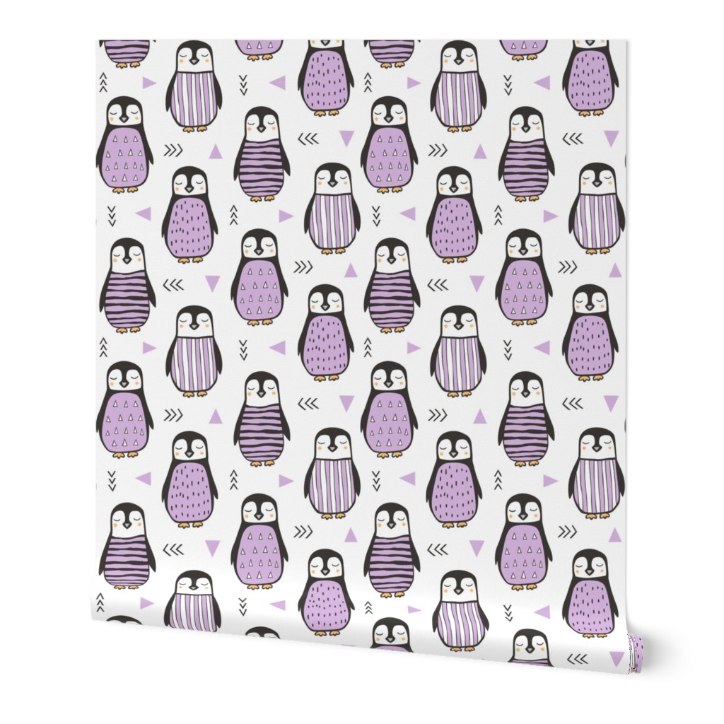 Penguins with Sweater Geometric  and Triangles Purple on White