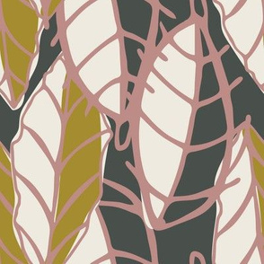 Linear Leaf, Leaves, Charcoal, White, Cream, Olive Green and Pink 