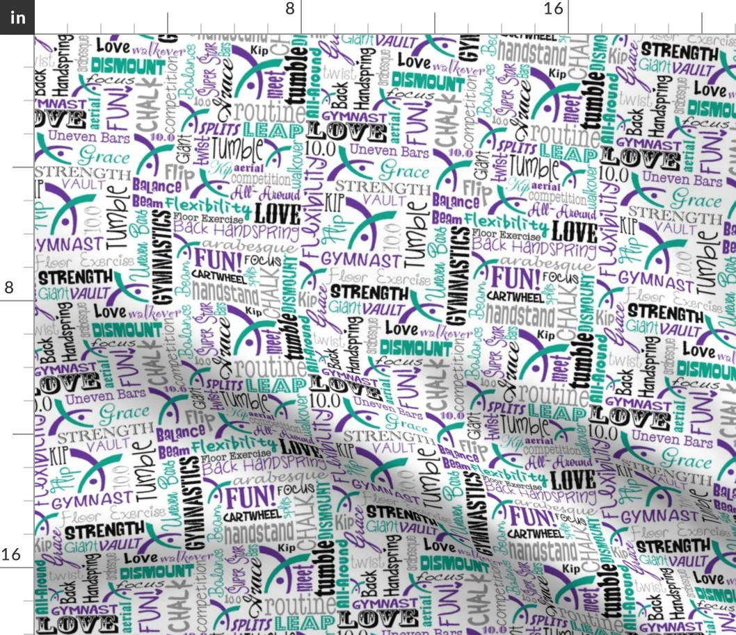 Gymnastics Words Fabric Purple Teal