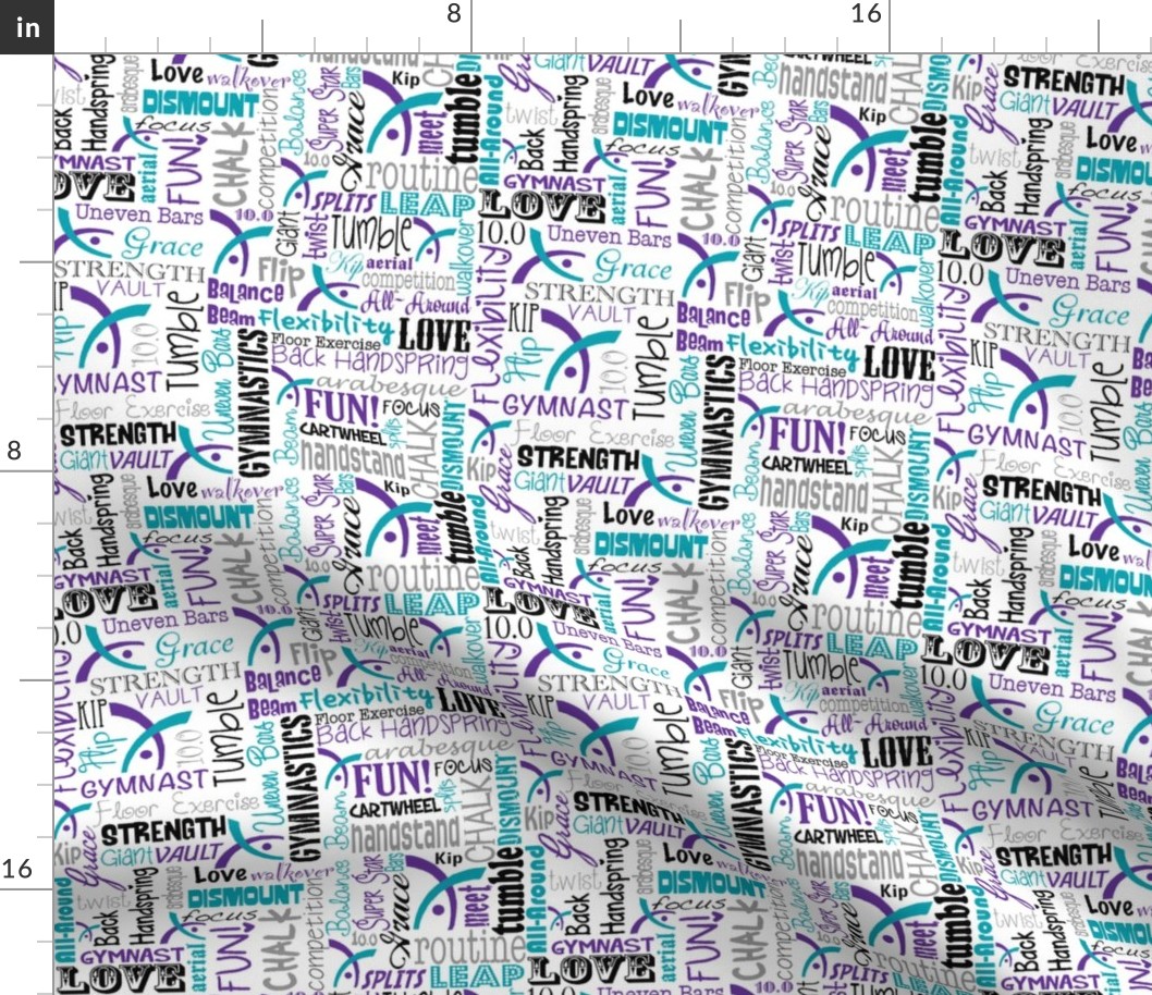 Gymnastics Words Fabric Purple Turquoise