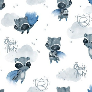 Raccoon Hero - blue cape white background