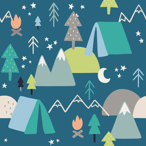 Camping Pattern on Blue Background