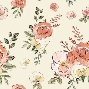 Cream Drawn Flowers with pink Vintage