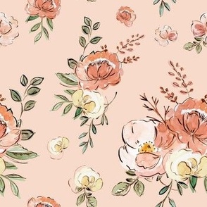 Floral Design with Pink Background Watercolor Outline Vintage
