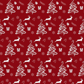 Merry Christmas Trees and Deer Dark Red