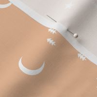 Midnight winter wonderland moon stars and christmas trees minimal geometric modern trend nursery design soft peach sand