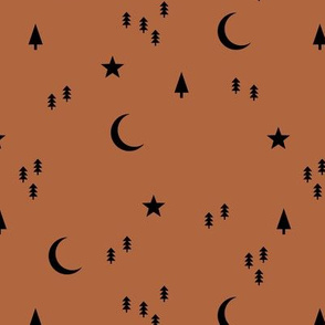Midnight winter wonderland moon stars and christmas trees minimal geometric modern trend nursery design black rusty copper brown