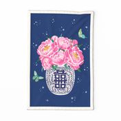 peonies in ginger jar tea towel/dark blue