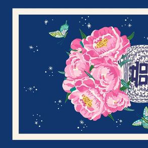 peonies in ginger jar tea towel/dark blue