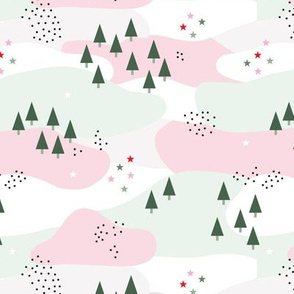 Little mountain woodland winter wonderland Christmas forest pine trees pink mint pastels