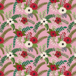 Christmas Florals Pink Background Smaller Version