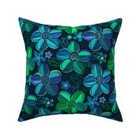 1970s style flowers in jewel tones - blues