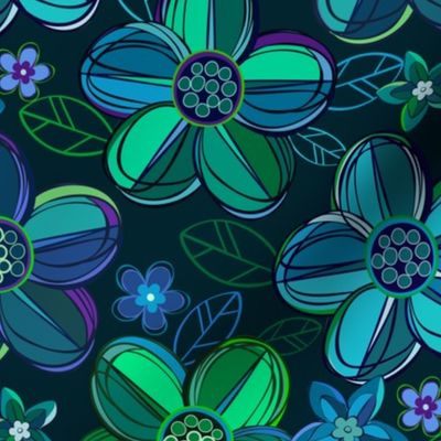 1970s style flowers in jewel tones - blues