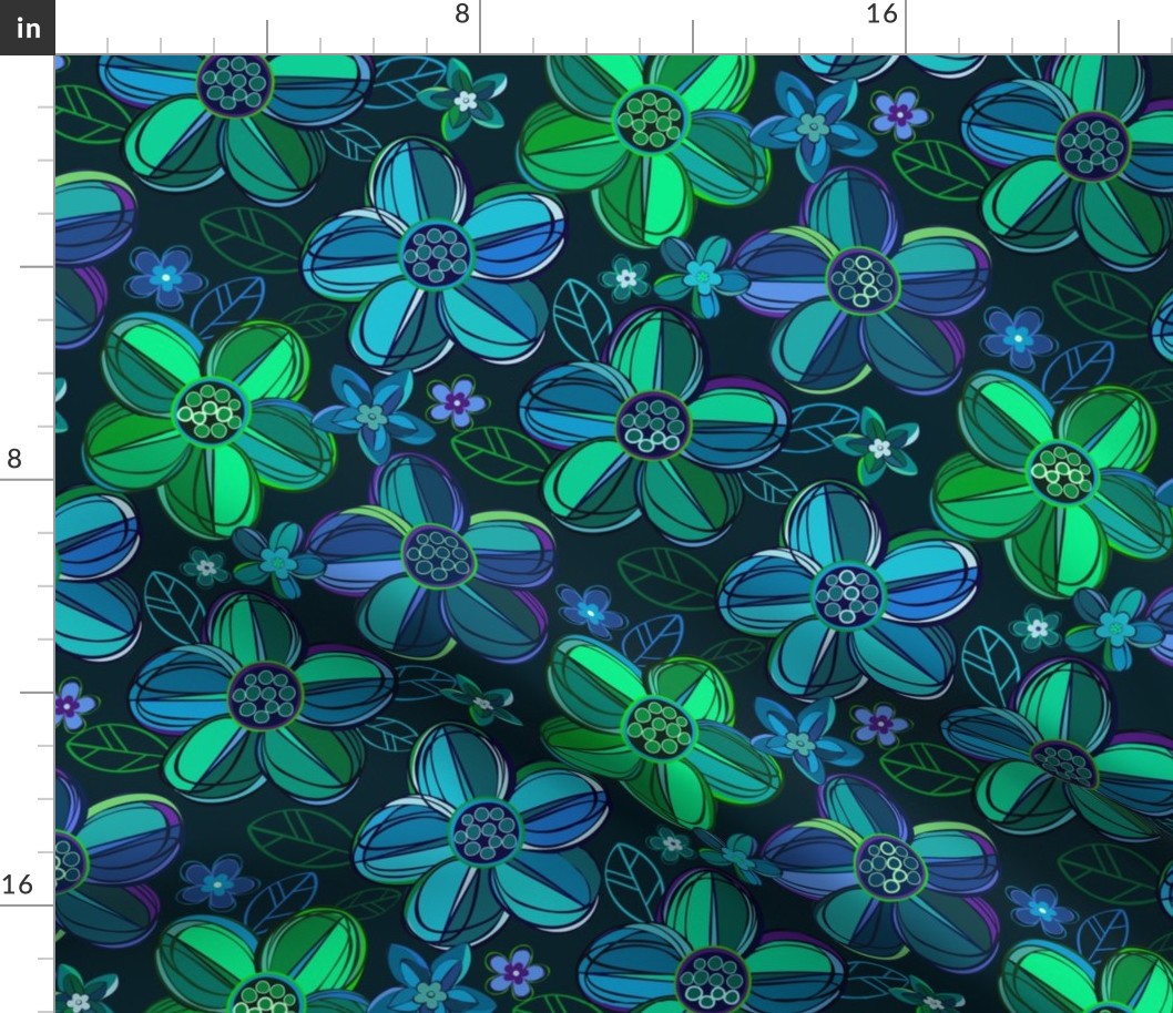 1970s style flowers in jewel tones - blues