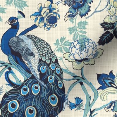 Chinoiserie Blue Regency floral, birds, peacocks, blues, Linen effect, soft yellow