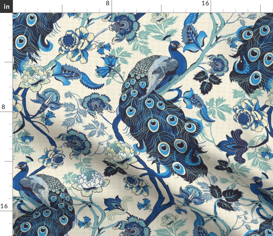 Chinoiserie Blue Regency floral, birds, peacocks, blues, Linen effect, soft yellow