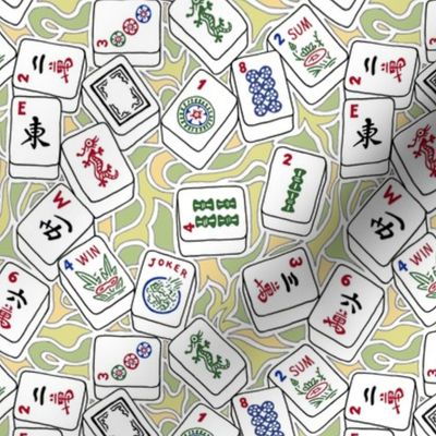 Mahjong Tiles with Fresh Yellow and Green Background Swirls