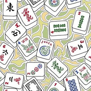 Mahjong Tiles with Fresh Yellow and Green Background Swirls