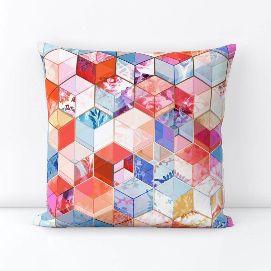 Coral, Cream and Cobalt Kaleidoscope Cubes large