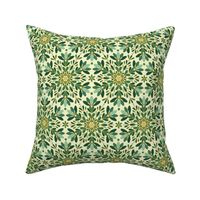 Gold Green Winter Snowflake, Gold Lining. Geometric Pattern