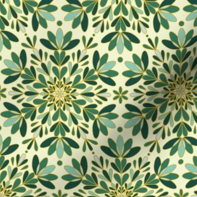 Gold Green Winter Snowflake, Gold Lining. Geometric Pattern