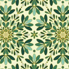 Gold Green Winter Snowflake, Gold Lining. Geometric Pattern