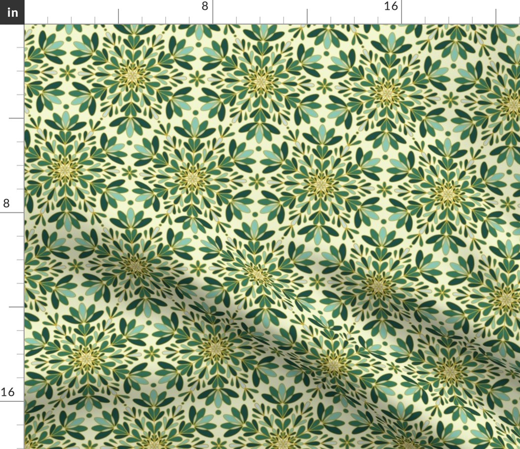 Gold Green Winter Snowflake, Gold Lining. Geometric Pattern
