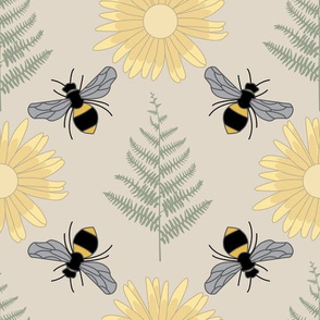 Bees Flowers and Ferns on Beige